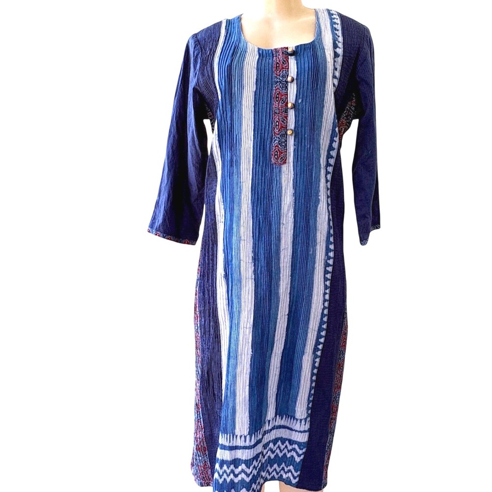 Handmade Womens Blue Striped Kurta Dress Boho Midi Cotton Ethnic Tunic Size M